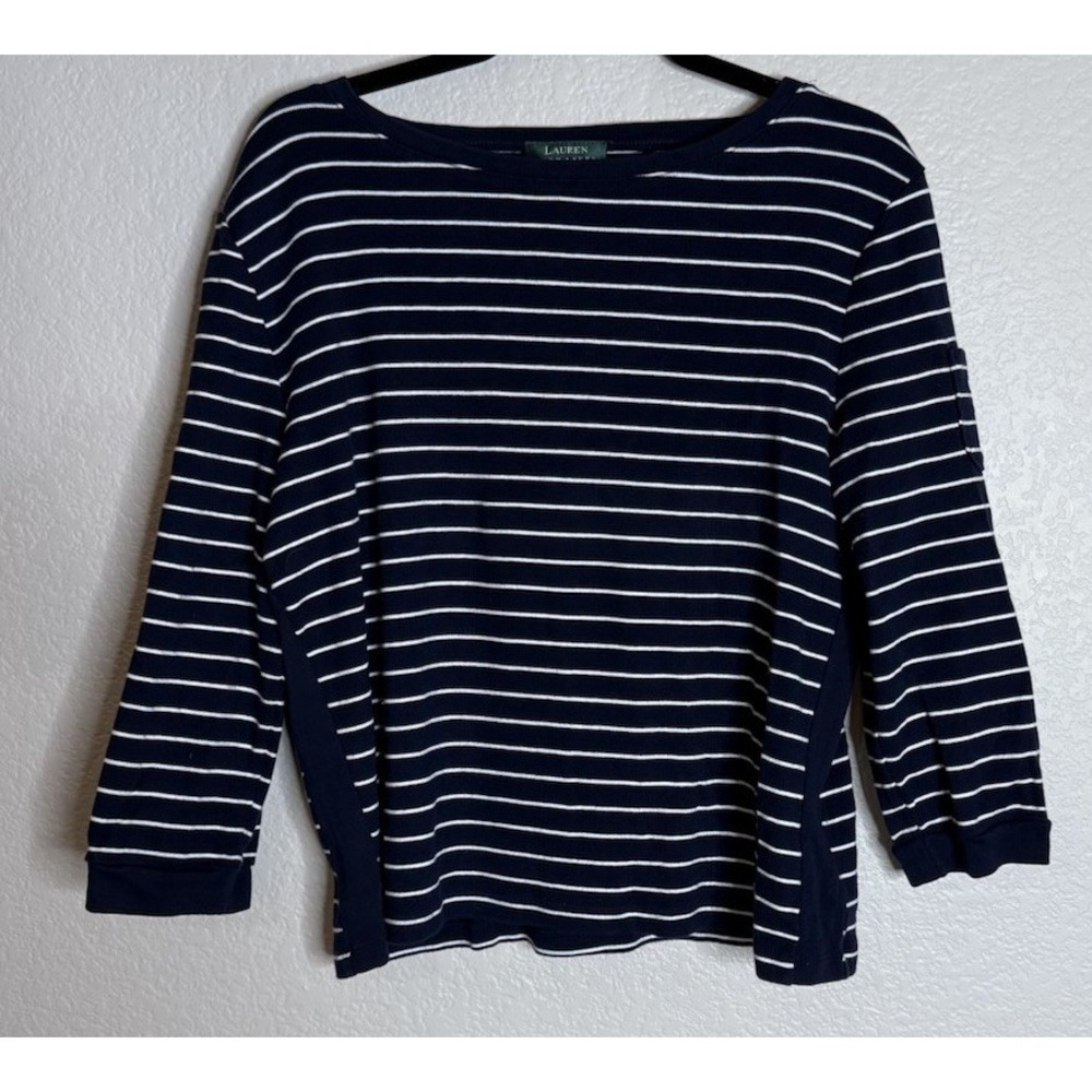 Ralph Lauren LRL Womens XL Knit Top Navy Blue White Striped Logo Nautical Preppy